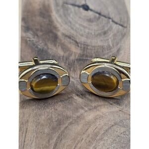Vintage MCM Gold Tone & Silver Oval Tigers Eye Cufflinks For Men